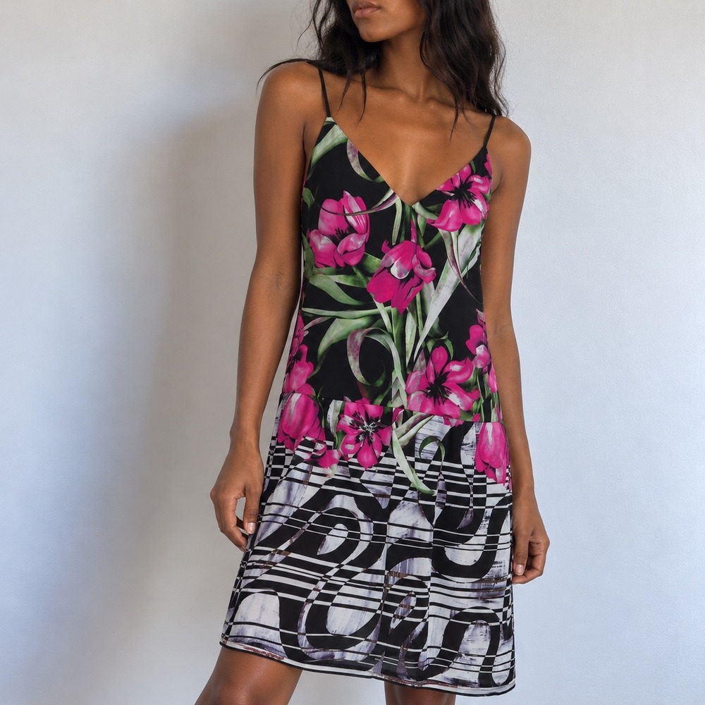 Clover Canyon Black Pink Floral Graphic Slip Dress XS Maximalist Artsy